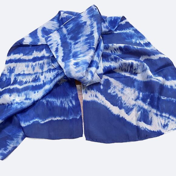 Tie Dye Silk Scarf Blue White Abstract Boho Festival Rectangle Artisan Handmade - Picture 4 of 5